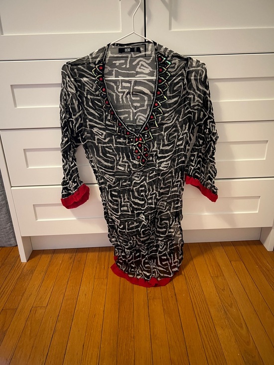 Bedo Tops - Bedo Black & White Patterned Blouse with Red Trim